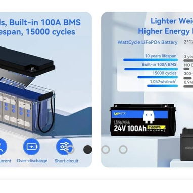 WattCycle Batería LiFePO4 24V 100Ah, 2560Wh, BMS 100A - 3/3