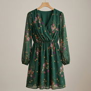 Vestido corto de mujer elegante, estampado floral verde mangas largas [Talla S] 25usd - Img 56122400
