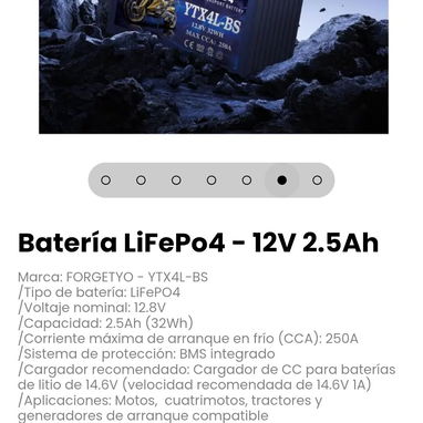 Batería LiFePo4 - 12V 2.5Ah. Aplicaciones: Motos,  cuatrimotos, tractores y generadores de arranque compatible - 6/7
