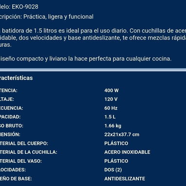 Batidora Licuadora de 1.5L marca EKO 🔷️ $33 - 2/2