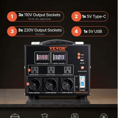 Transformador Convertidor de Voltaje VEVOR 5000W 110V-220V Step Up Down Universal Negro - 2/10