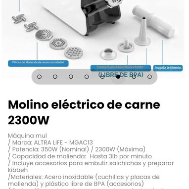 Molino eléctrico de carne 2300W. Incluye accesorios para embutir - 6/8