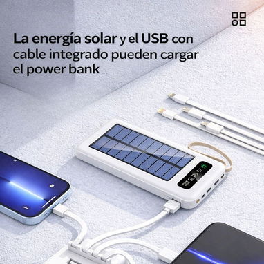 Power Bank 20000 Mah. Batería externa con Panel Solar, puerto USB, puerto tipo C- V8 y lightning. Color blanco. - 3/5