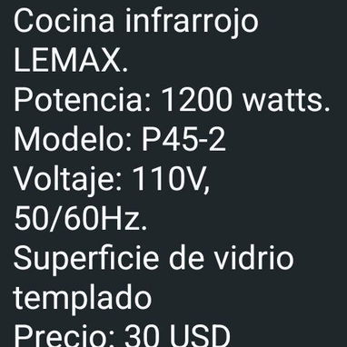 Cocina infrarrojos marca lemax,1200 watts - Img 116626725