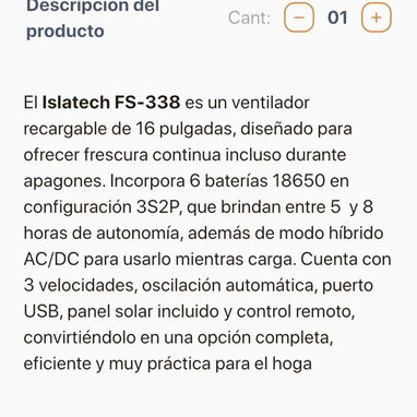 Ventilador recargable solary directo  Islatech FS 8 horas carga - 3/3