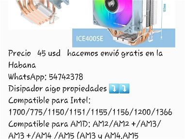 Precio   45 usd   hacemos envió gratis en la Habana  WhatsApp: 54742378 Disipador aigo propiedades ⤵️⤵️ Compatible para - Img main-image-45715614
