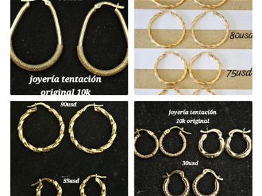 Variedad de prendas de oro 10k. Cadenas, anillos, piercing, argollas, aretes, azabches - Img main-image