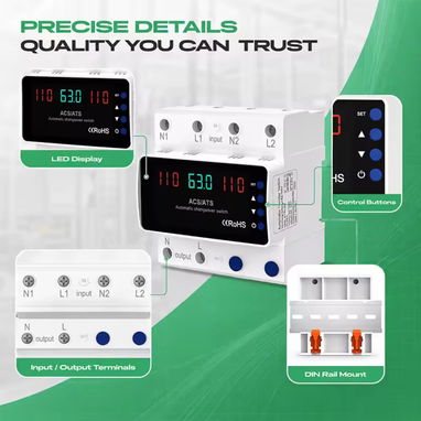 ATS Tranfer y Protector de corriente de sobrevoltaje 2 en 1,  63A 110Vol 2Polos - 3/5