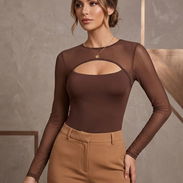Body Ajustado de Manga Larga en Marrón Café con Detalle Cut-Out y Malla talla M 16 - Img 55343608