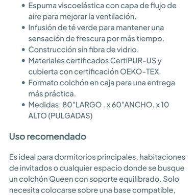 Zinus Colchón Queen de espuma viscoelástica esencial de té verde de 10 pulgadas 🌐 - 4/5