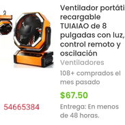 Ventilador recargable de 8 pulgadas. 39 000mAh.Luz, control remoto y oscilación. - Img 57024604