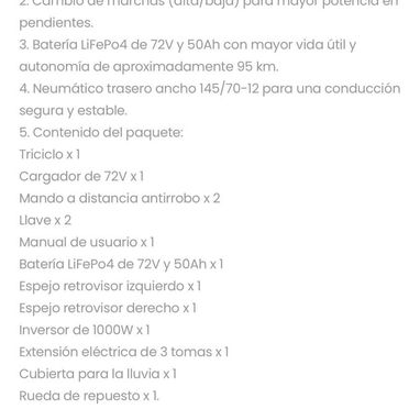 TRICICLO ELECTRICO NEW ONE BOT 2026  CARACTERÍSTICAS  - Bateria Litium LiFeP04 - ⁠72x50 - 3/3