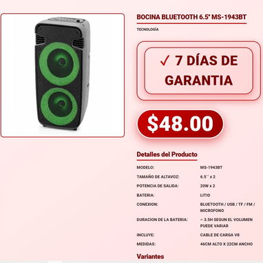 BOCINA BLUETOOTH 30W RMS (80W pico) JVC - XS-KY314PB BOCINA 8'' CON MICRÓFONO 6000W P.M.P.O NDR-1095 - 5/10