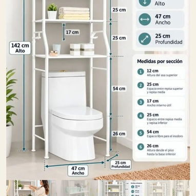 Organizador de baño de metal blanco, de 3 baldas, para colocar sobre el inodoro. Precio: 25 USD - 2/2