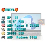 LAPTOP 🎁NUEVA🎁📦CAJA, HP 15 (15-fc0039wm), 15.6" FHD IPS, AMD Ryzen 5 7520U, 8GB LPDDR5, Radeon 610M, 256GB SSD, 8H - Img 57136313