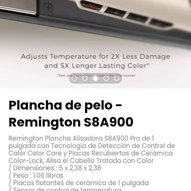 Plancha de pelo - Remington S8A900. Placas flotantes de cerámica de 1 pulgada. Sensor de control de temperatura - 3/5