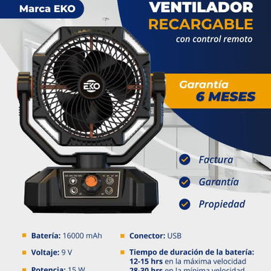 💥 VENTILADOR RECARGABLE EKO 16MIL MILIAMPERES CON 6 MESES DE GARANTÍA 💥 - Img 122302852