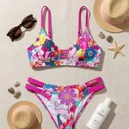 Bikini de flores Summer’s Bloom con detalles de tiras fucsia (Trusa) - 18 USD Talla S - Img 55415166
