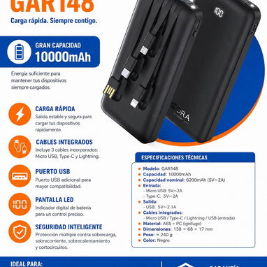 🔋 Powerbank 1Hora 10,000mAh ¡Con Cables Integrados! Carga Todo - $20 - Img 125882805