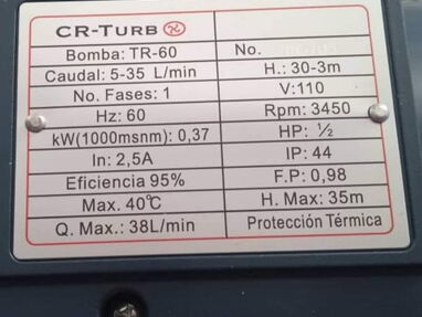 (NEW EN CAJA) BOMBA de AGUA (CR- TURBO)TR-60 (1 pulgada)40°C (H: 35m HP:1/2 )110V 60Hz(2.5A)PROTECCION TÉRMICA(+TRANSP) - Img main-image