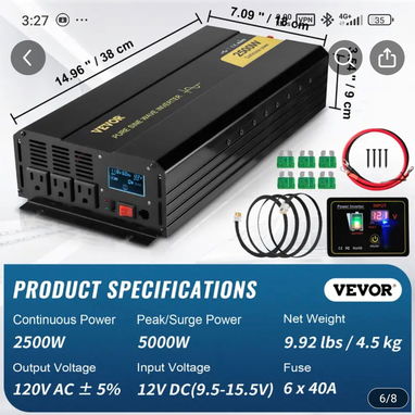 INVERSOR VEVOR de 12V a 120V de onda pura de 2500 W y Pico de 5000 W. - Img 123496084