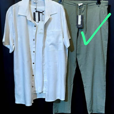 Camisa verde olivo de lino manga largas y mangas cortas , Camisa verde pastel , pantalón verde , pantalón negro de lino - Img 103142400