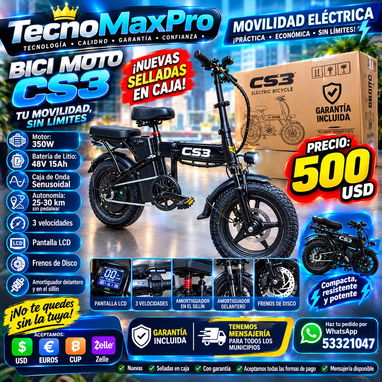 🛵⚡ BICI MOTO ELÉCTRICA CS3 💥 Motor eléctrico de 350 W. ✅ Batería de litio de 48 V / 15 Ah. ✅ de 25-30 km 📞 53321047 - 3/4