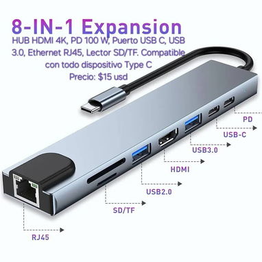 HUB Tipo C 8 en 1 – ¡Compatible con Mac y más! Si usted no tiene tipo C contamos con adaptador a USB tipo A - Img 100241614