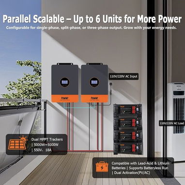 Inversor 6.5 kW PowMr híbrido de 6500W 48 V CC a 120 V/240 Vac de fase dividida Dual MPPT - 5/7