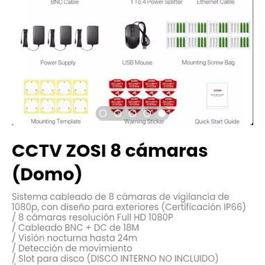 CCTV ZOSI 8 cámaras (Domo). 8 cámaras resolución Full HD 1080P. Slot para disco (DISCO INTERNO NO INCLUIDO). Nuevo - Img 109919908