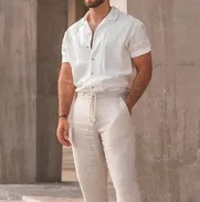 Camisa blanca mangas corta , pantalón blanco de lino , ropa de lino para hombres - Img 49799601