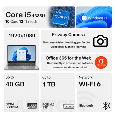 Laptop Lenovo IdeaPad 1 15.6" FHD Intel Core i5-1335U, 8GB RAM - 256GB SSD Más Base Enfriadora - Gris. - 6/8