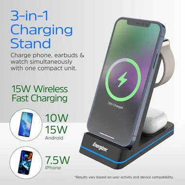 CARGADOR INALÁMBRICO ENERGIZER 3 EN 1 QI 15W RGB IPHONE AIRPODS APPLE WATCH ENVÍO DISPONIBLE + GARANTÍA - 3/10