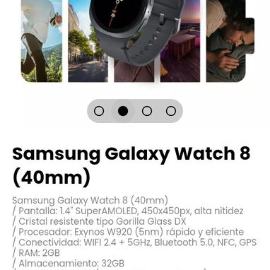 Samsung Galaxy Watch 8 (40mm). Pantalla: 1.4" SuperAMOLED, 450x450px, alta nitidez - 2/4