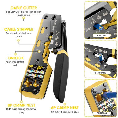 Pinza Ponchadora RJ45 Pass Through ZOERAX NUEVA - Cat6 Cat5e, RJ11 RJ12, Corta, Pela y Poncha, Incluye Pelador Extra - 2/3