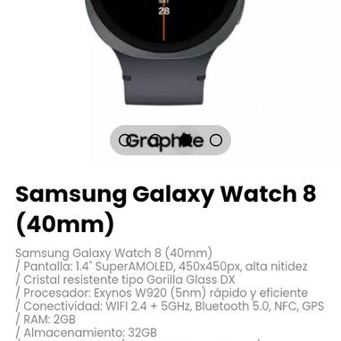Samsung Galaxy Watch 8 (40mm). Pantalla: 1.4" SuperAMOLED, 450x450px, alta nitidez - 3/4