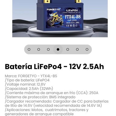 Batería LiFePo4 - 12V 2.5Ah. Aplicaciones: Motos,  cuatrimotos, tractores y generadores de arranque compatible - 4/7