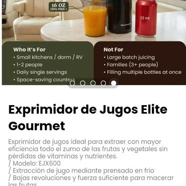 Exprimidor de Jugos Elite Gourmet. Extracción de jugo mediante prensado en frío - 2/5