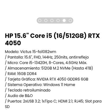 HP 15.6" Core i5 (16/512GB) RTX 4050. Modelo: Victus 15-fa1082wm.NVIDIA RTX 4050 GDDR6 6GB. Nueva con garantía - Img 106838883