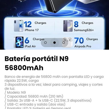 Batería portátil N9 56800mAh. Batería: Ión de litio - 2/3