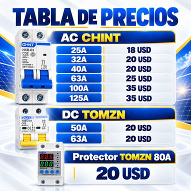 Breaker AC CHINT 25A-125A + DC TOMZN 50A/63A | Protector 80A | Paneles Solares | Garantía - 8/10