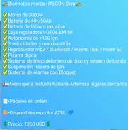 🛵Bicimotos marca HALCÓN 0km🛵  ✅Motor de 3000w ✅Batería de 48v/50Ah ✅Batería de lithium extraíble ✅Caja reguladora VOTO - Img 50790085