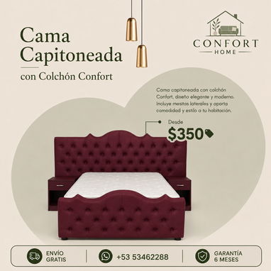 Cama Capitoneada Vinotinto con Colchón Confort Incluido Confort Home - Img 121091925