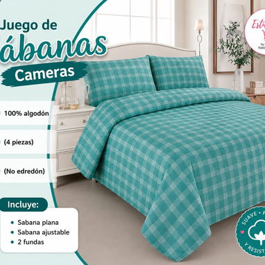 Juego de sábanas cameras o full Camazona 100% algodón  (4 piezas) (No edredón)  1 Sabana plana 1 Sabana ajustable  2 fun - 10/10