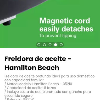 Freidora de aceite -Hamilton Beach. Profunda ideal para uso doméstico con capacidad familiar - Img 115931843