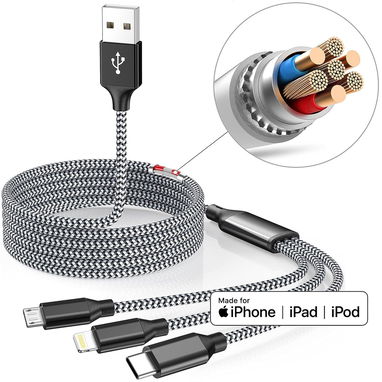 Cable 3 en 1 MFi Certificado 1.2m Nylon Trenzado Para iPhone/Android — SĂşper Resistente EnvĂo + GarantĂa - Img 107988878