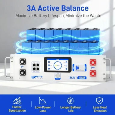 WattCycle 48V 100Ah Server Rack Bluetooth LiFePO₄ Bateria – Active Balancing - 3/4