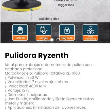 Pulidora Ryzenth. Diseño: Ergonómico con agarre lateral para mayor control - Img 117470505