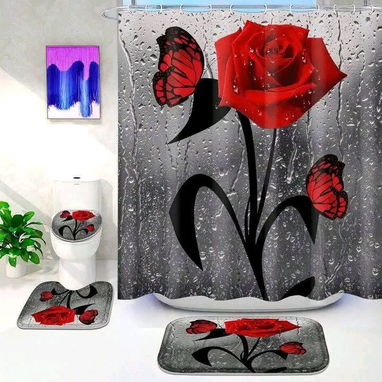 Sets 3D de 4 piezas para baños. Incluye cortina antimoho de tela con sus argollas. - 5/10