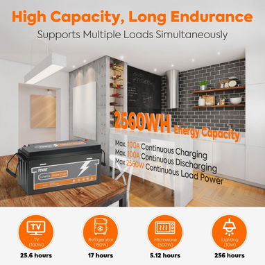Batería de litio PowMr de 2,56 kWh con carga flash BMS de grado A de 6000 ciclos de 100 A, 25,6 V y 100 Ah, LiFePO4 - 7/9